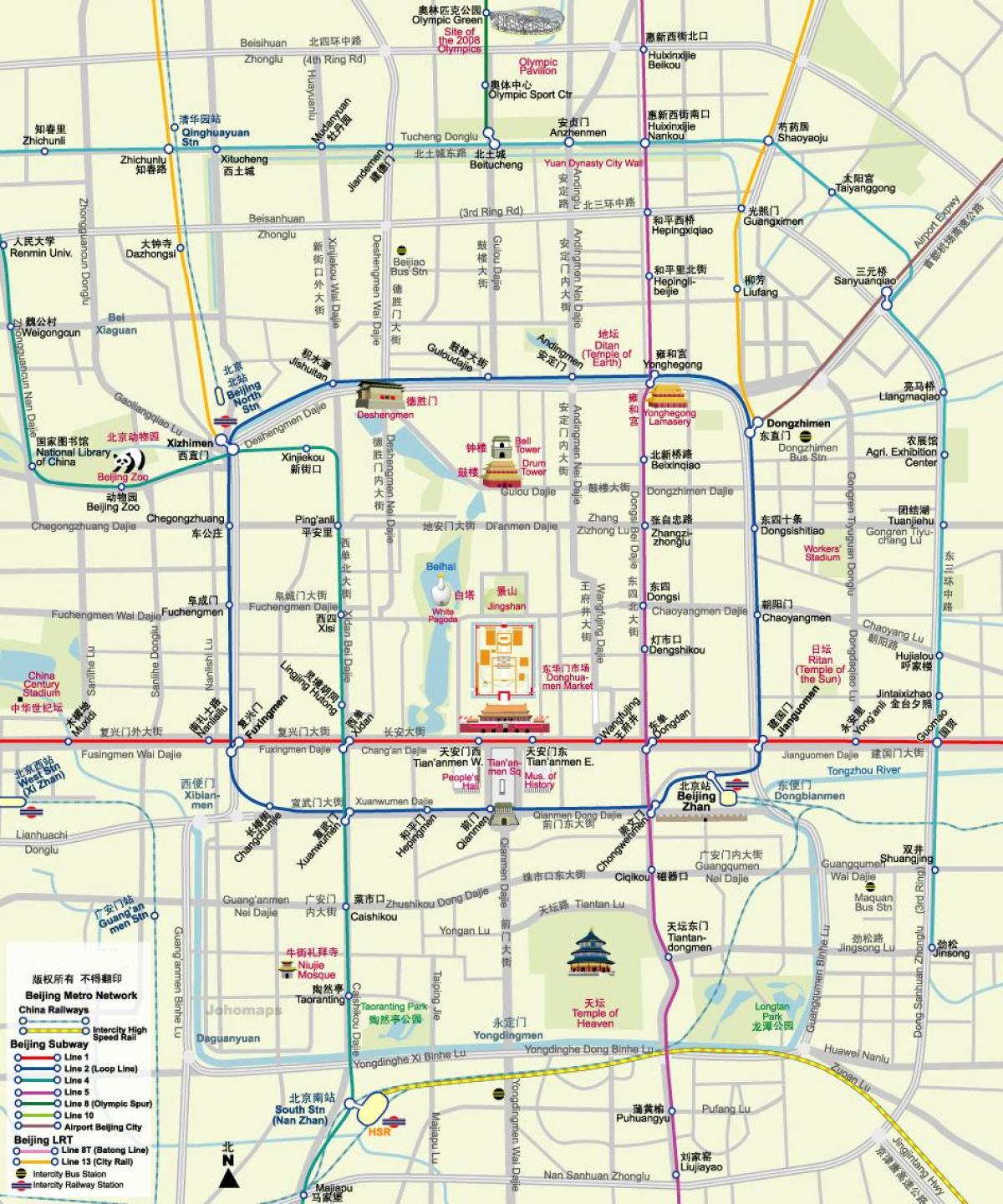 карта на Пекин карта на метрото със забележителности